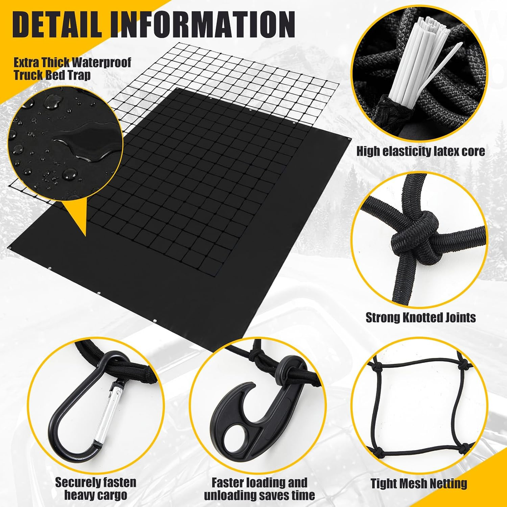 Oversized truck bed tarpaulin cargo netting, waterproof cargo cover and pickup truck cargo securing kit fyrasol