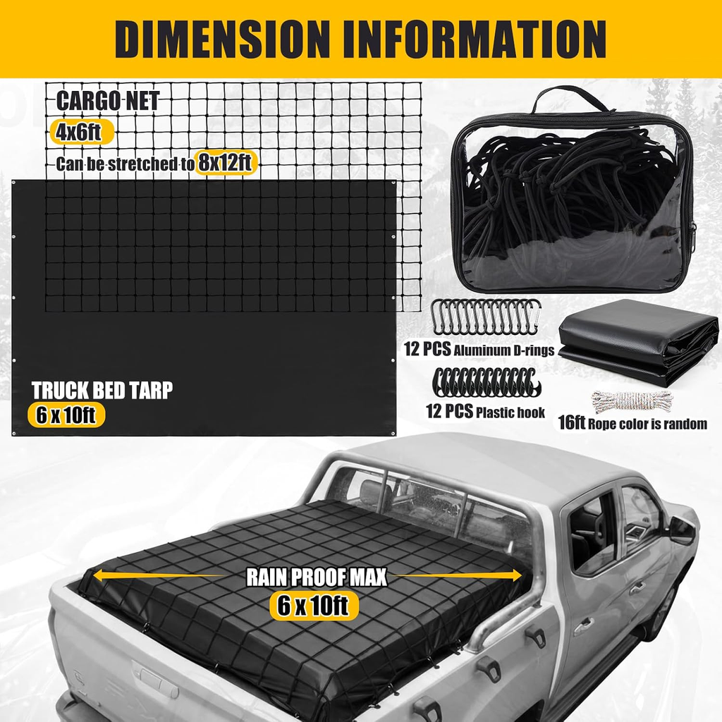 Oversized truck bed tarpaulin cargo netting, waterproof cargo cover and pickup truck cargo securing kit fyrasol