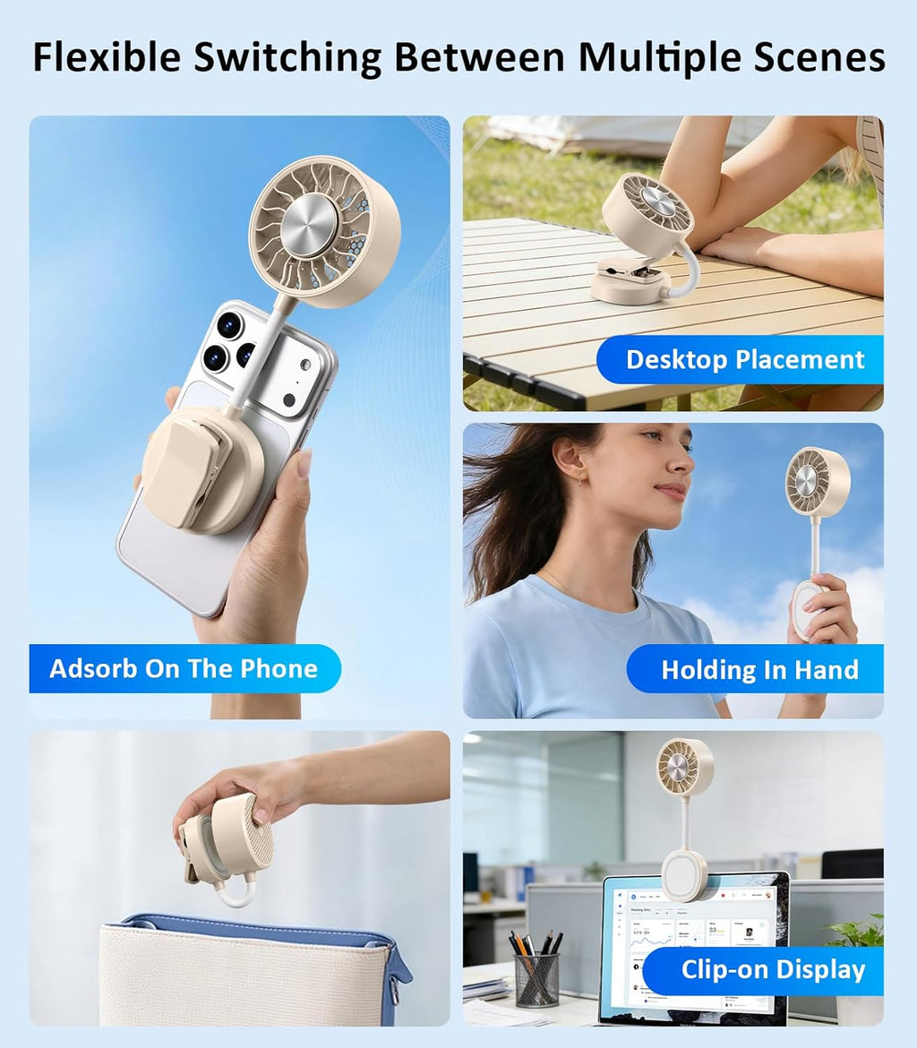 Magnetic Phone Fan & Portable Handheld Ice Fan 360° Clip on Rechargeable with 3 Speeds Ice Cooling Flexible Gooseneck for Cruise Travel Desk Gym Face Makeup Cooling Beige fyrasol