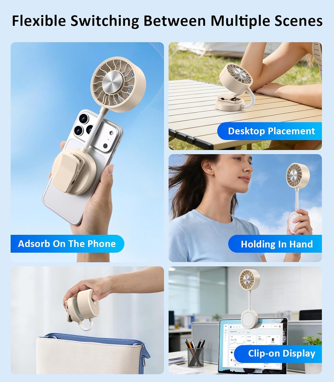 Magnetic Phone Fan & Portable Handheld Ice Fan 360° Clip on Rechargeable with 3 Speeds Ice Cooling Flexible Gooseneck for Cruise Travel Desk Gym Face Makeup Cooling Beige fyrasol