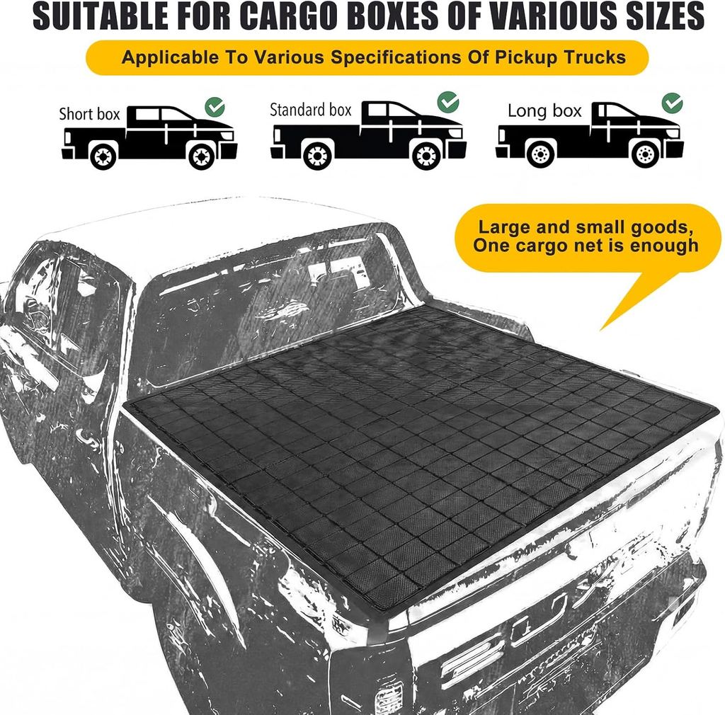 Oversized truck bed tarpaulin cargo netting, waterproof cargo cover and pickup truck cargo securing kit fyrasol