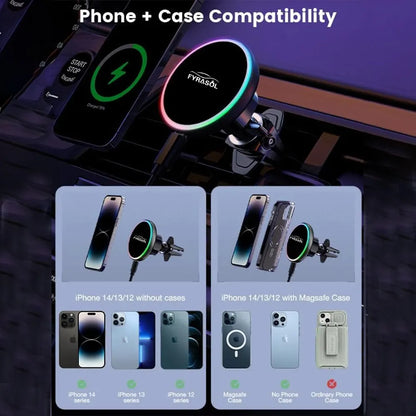 Magsafe Car Mount Charger-15W Wireless Car Charger-Magnetic Car Phone Holder for Dash Air Vent-LED RGB HandsFree Car Mount Fast Car Charger for iPhone 14/13/12 Series