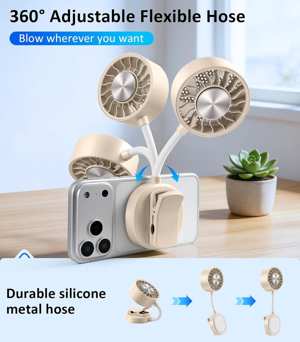 Magnetic Phone Fan & Portable Handheld Ice Fan 360° Clip on Rechargeable with 3 Speeds Ice Cooling Flexible Gooseneck for Cruise Travel Desk Gym Face Makeup Cooling Beige fyrasol