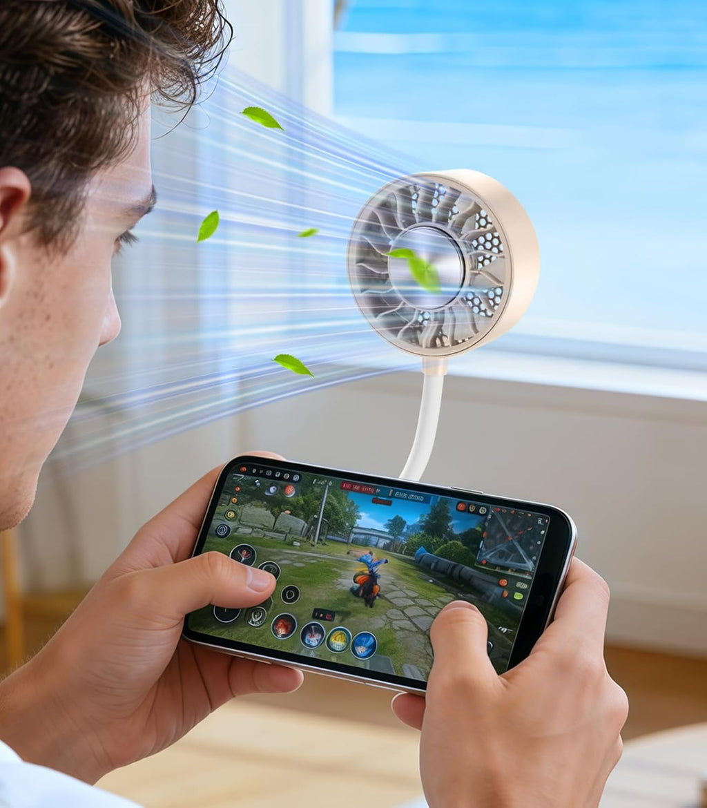 Magnetic Phone Fan & Portable Handheld Ice Fan 360° Clip on Rechargeable with 3 Speeds Ice Cooling Flexible Gooseneck for Cruise Travel Desk Gym Face Makeup Cooling Beige fyrasol