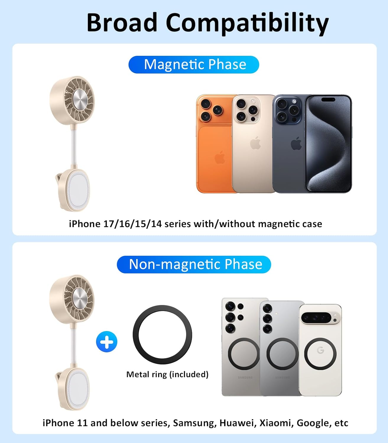Magnetic Phone Fan & Portable Handheld Ice Fan 360° Clip on Rechargeable with 3 Speeds Ice Cooling Flexible Gooseneck for Cruise Travel Desk Gym Face Makeup Cooling Beige fyrasol