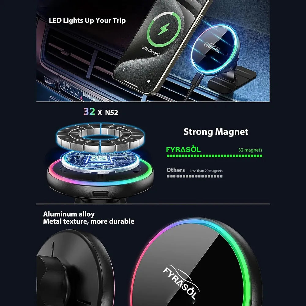 Magsafe Car Mount Charger-15W Wireless Car Charger-Magnetic Car Phone Holder for Dash Air Vent-LED RGB HandsFree Car Mount Fast Car Charger for iPhone 14/13/12 Series