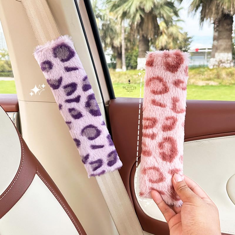 Fyrasol Faux Fur Leopard Print Car Seat Belt Cover Pads, Soft Shoulder Comfort Cushion, Universal Fit for Adults and Kids, 2 Pack