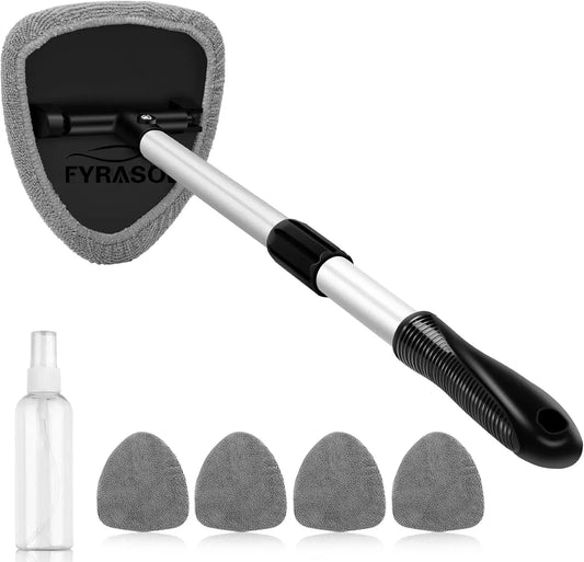 Extendable Windshield Cleaning Tool – Interior Glass Wiper Kit with 4 Microfiber Pads