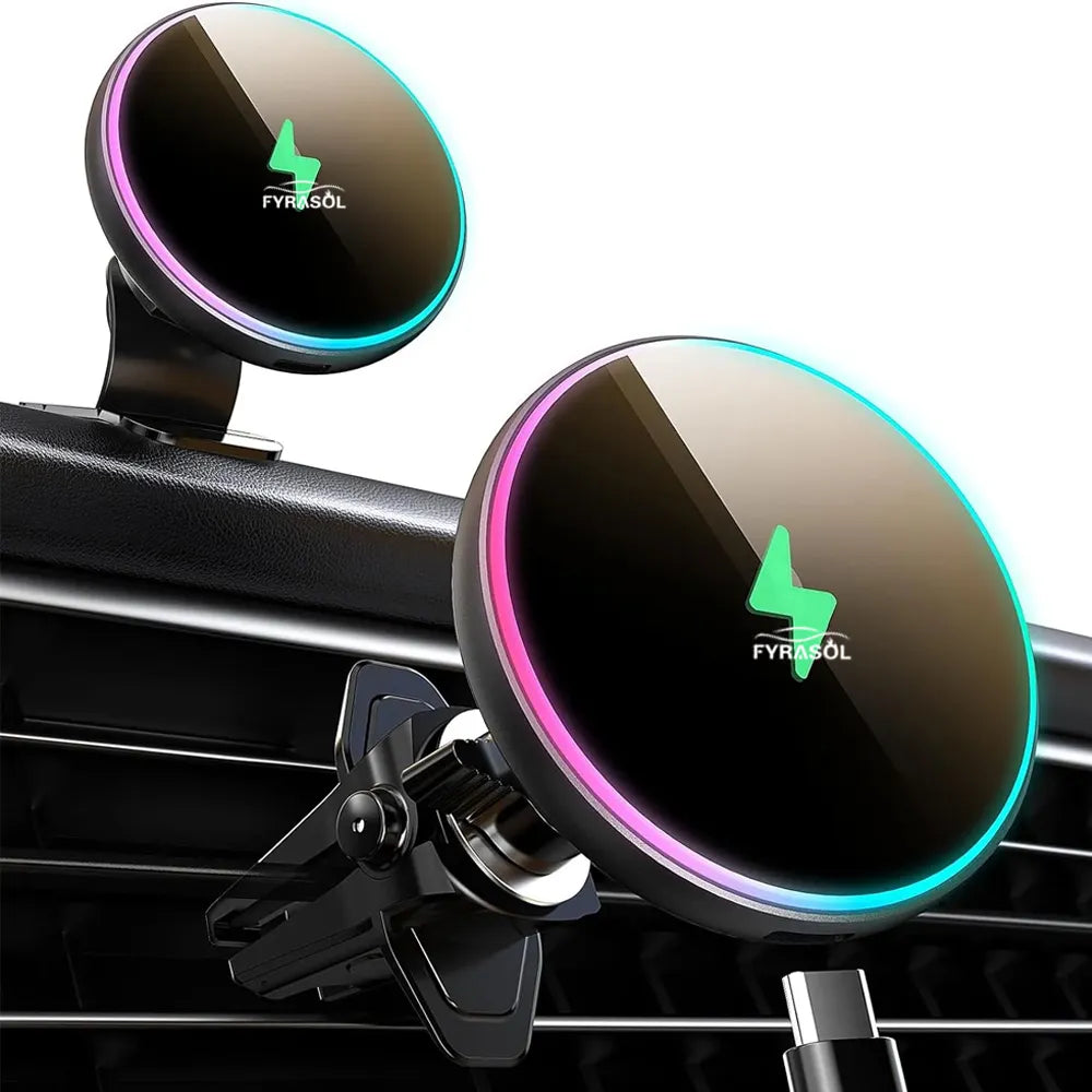 Magsafe Car Mount Charger-15W Wireless Car Charger-Magnetic Car Phone Holder for Dash Air Vent-LED RGB HandsFree Car Mount Fast Car Charger for iPhone 14/13/12 Series