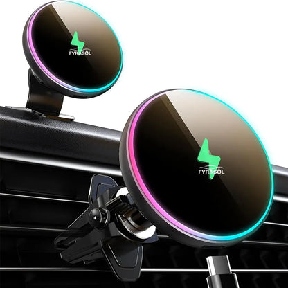 Magsafe Car Mount Charger-15W Wireless Car Charger-Magnetic Car Phone Holder for Dash Air Vent-LED RGB HandsFree Car Mount Fast Car Charger for iPhone 14/13/12 Series