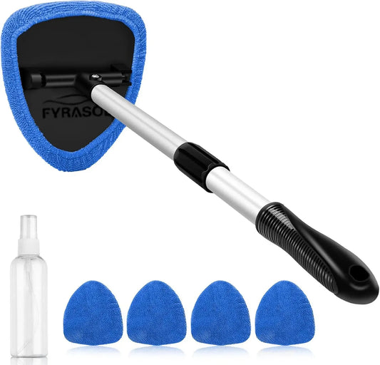 Extendable Windshield Cleaning Tool – Interior Glass Wiper Kit with 4 Microfiber Pads