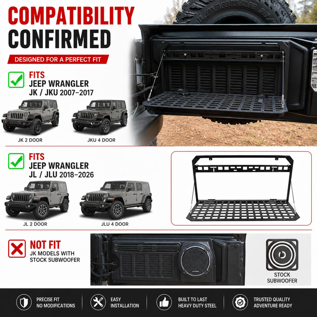 Tailgate Table Foldable Rear Cargo Shelf Compatible with Jeep Wrangler 2007-2017 JK JKU & 2018-2026 JL JLU 4XE, Not Fit JK Models with Stock Subwoofer