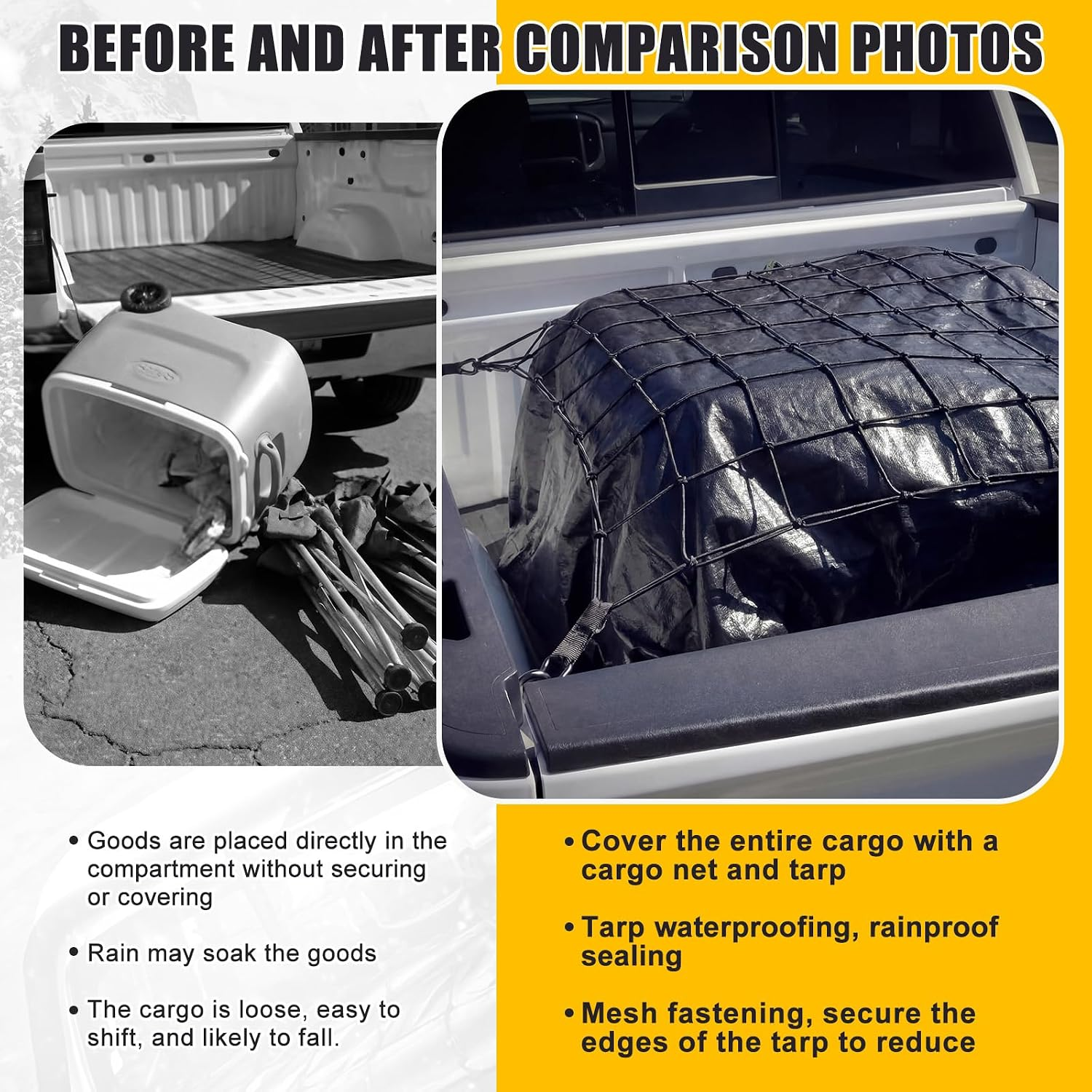 Oversized truck bed tarpaulin cargo netting, waterproof cargo cover and pickup truck cargo securing kit fyrasol