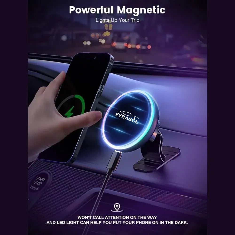 Magsafe Car Mount Charger-15W Wireless Car Charger-Magnetic Car Phone Holder for Dash Air Vent-LED RGB HandsFree Car Mount Fast Car Charger for iPhone 14/13/12 Series