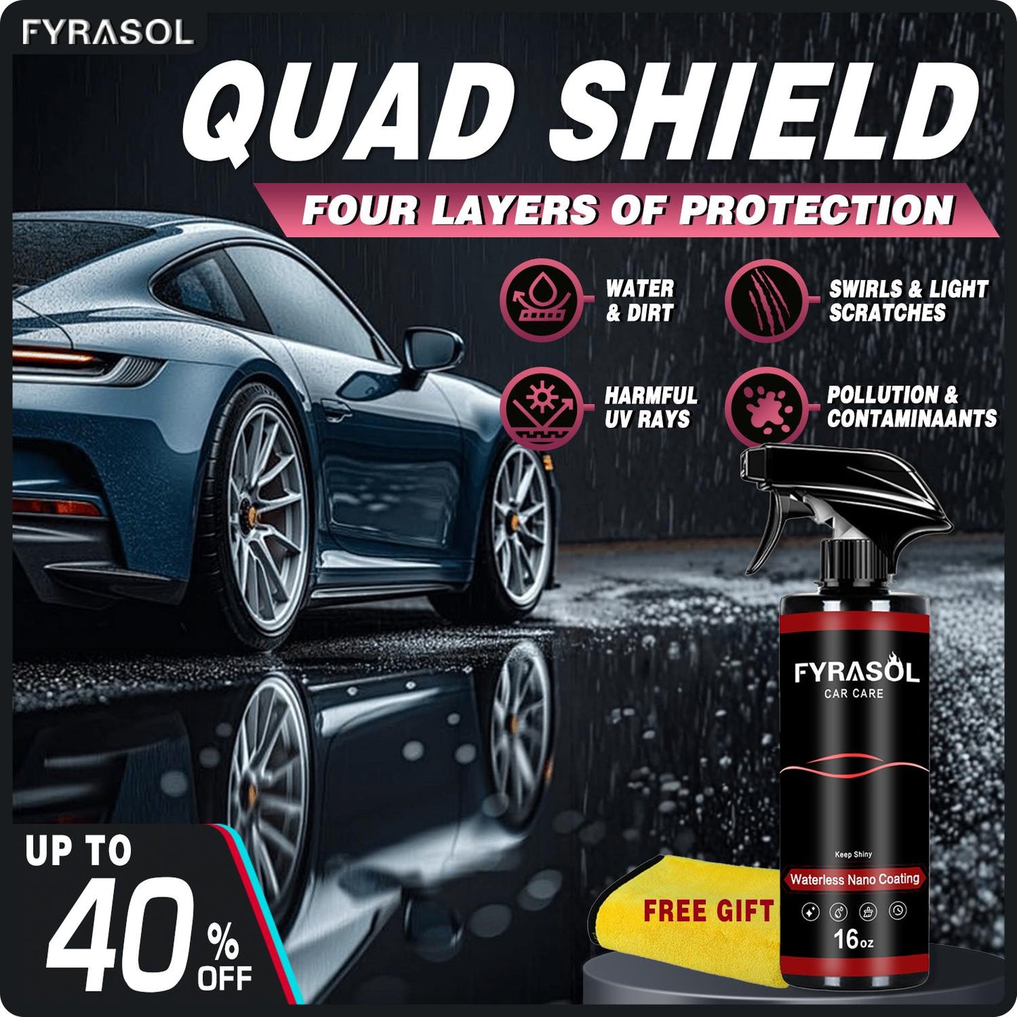 Fyrasol Ceramic Coating Spray 16oz 3-in-1 Nano Car & Boat Detailing Kit – Hydrophobic UV Paint Protection, Waterless Wash, High Gloss Finish for Cars, Motorcycles & Boats Automotive