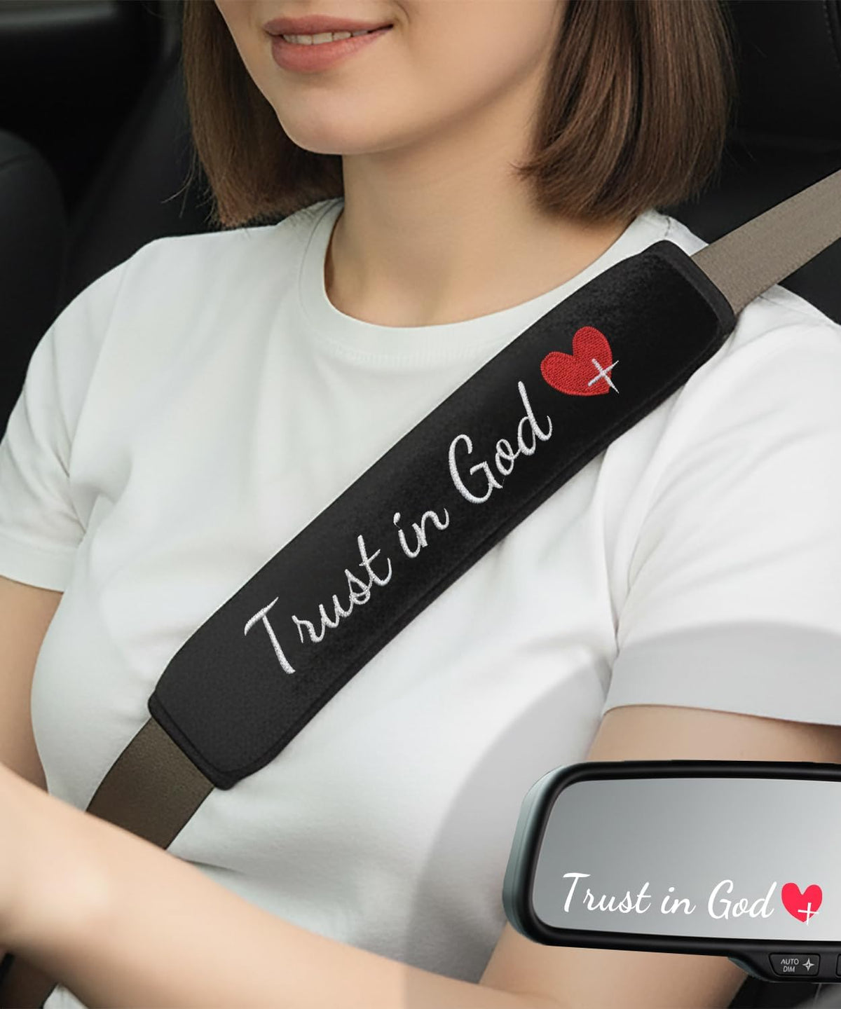 2 Pack Car Seatbelt Covers with 3 PCS Trust in God Rearview Mirror Stickers，Soft Seatbelt Cushion，All Season Pink Christian Car Accessories for Women mysite