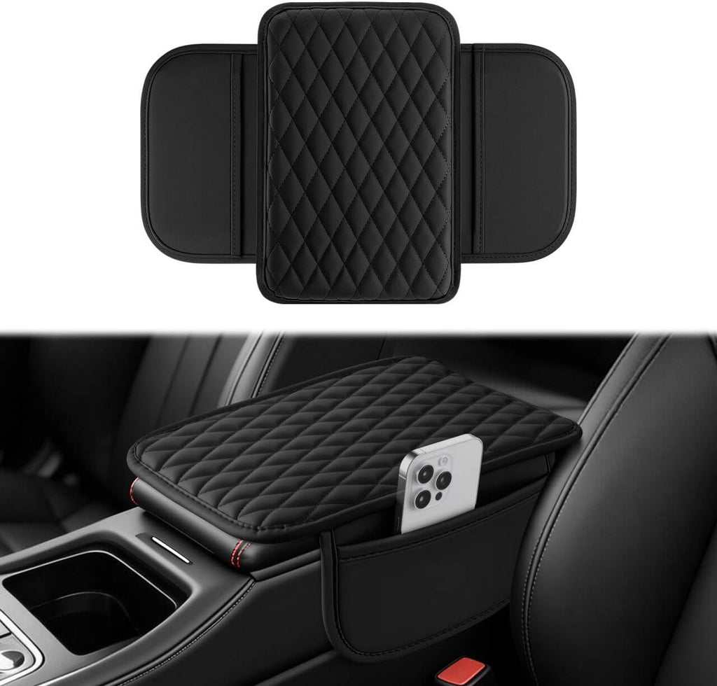 Amiss Car Center Console Cover, Upgraded Leather Car Armrest Cushion with 2 Storage Pockets, Universal Waterproof Cushion Pad, Non-Slip Car Interior Accessories, Fits Most Sedans SUVs Trucks (Black) mysite