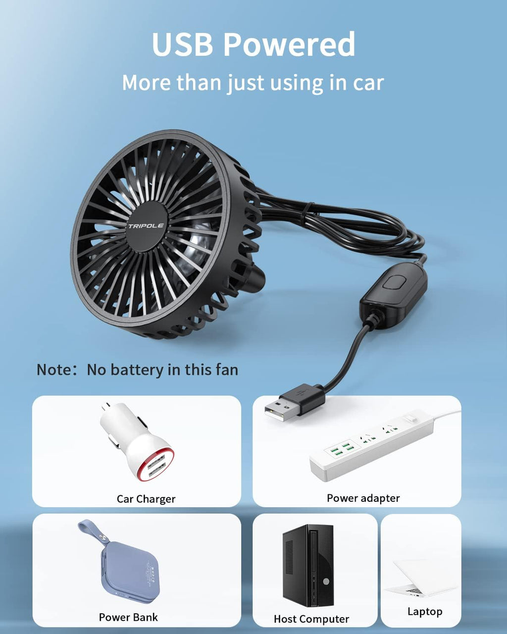 TriPole Car Fan USB Powered - Powerful 3 Speed, Portable Cooling Clip Fan for Car Vent, Quiet Brushless Motor, 360 Degree Rotatable, Air Circulation for Vehicle, Van, Truck, SUV, RV mysite