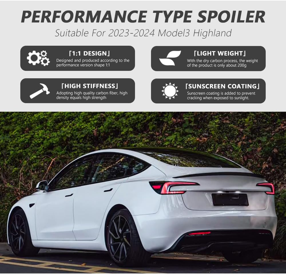for Tesla Model3 Highland 2023-2025 Real 100% Carbon Fiber Rear Spoiler Performance Type Spoiler Rear Wing Tesla Model 3 Accessories 2023-2025(Gloss Carbon Fiber) mysite