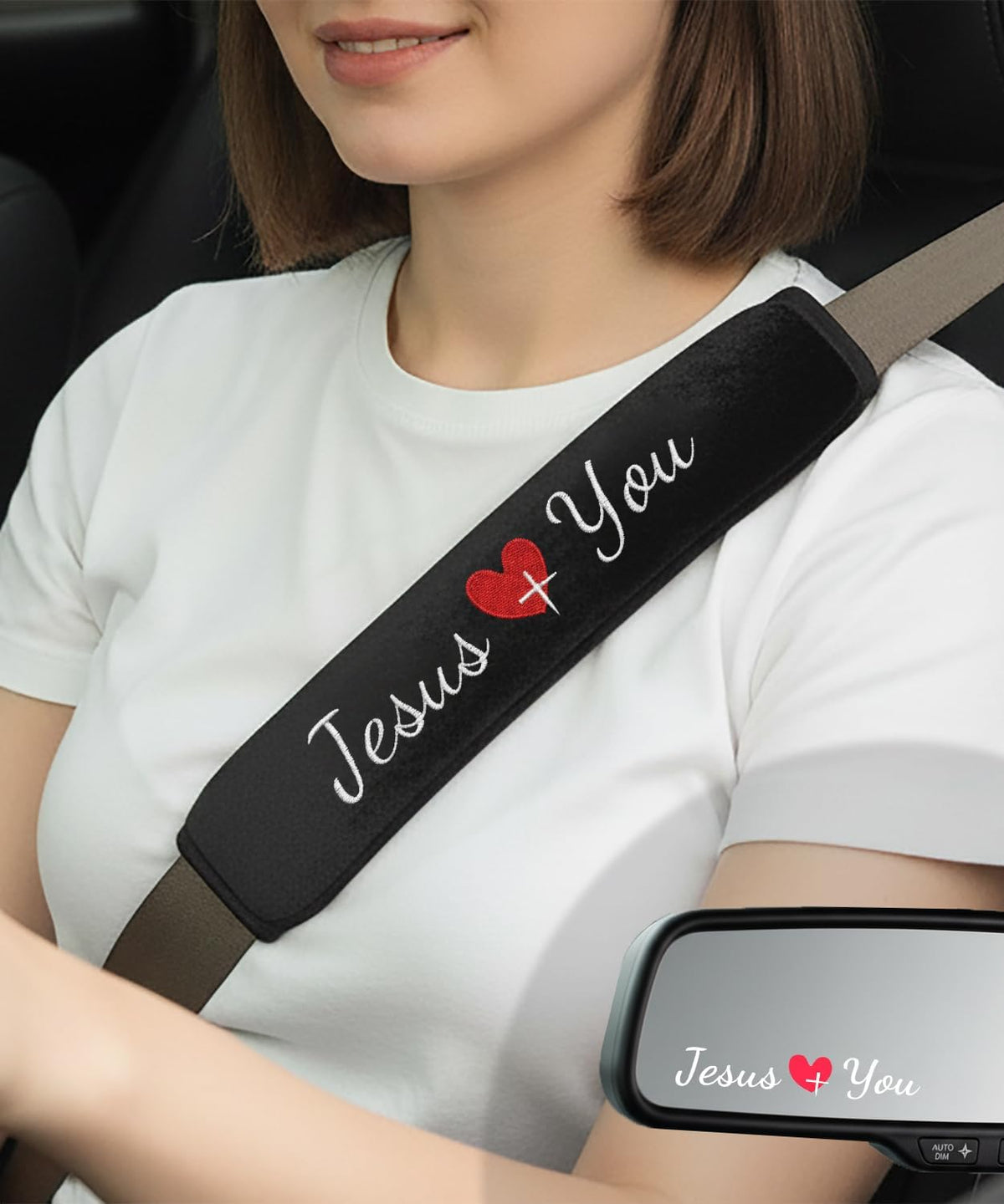 2 Pack Car Seatbelt Covers with 3 PCS Trust in God Rearview Mirror Stickers，Soft Seatbelt Cushion，All Season Pink Christian Car Accessories for Women mysite