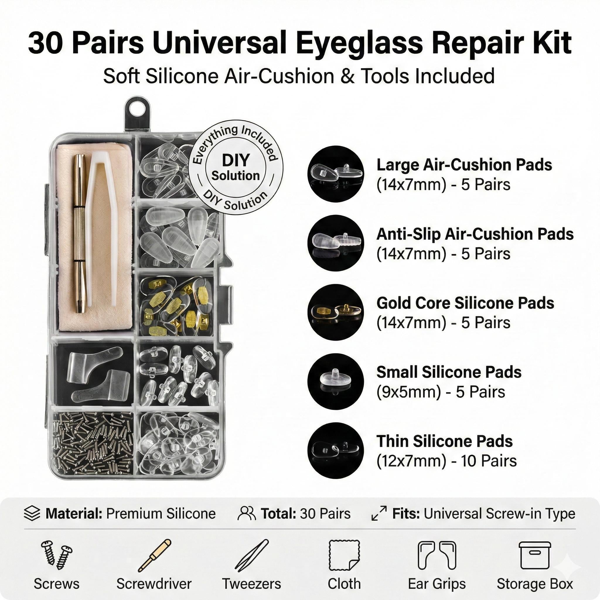 Eyeglass Nose Pads Kit · Upgraded Ultra-Soft Silicone Air Cushion Pads · Anti-Slip Screw-In Glasses Repair Set with Free Tools & Accessories · For Daily Glasses Wearers · Work & All-Day Comfort fyrasol