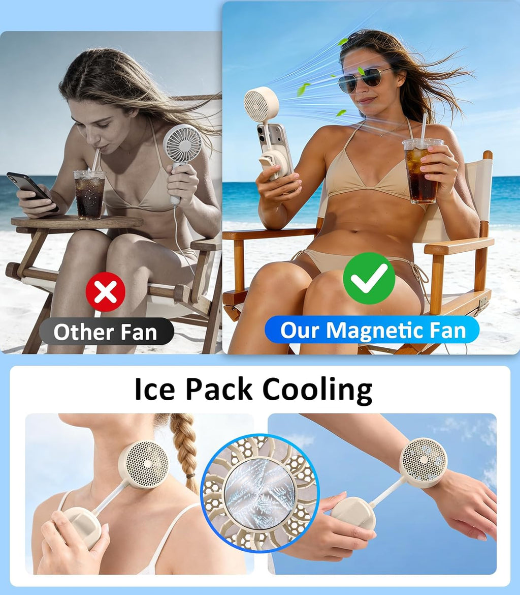 Magnetic Phone Fan & Portable Handheld Ice Fan 360° Clip on Rechargeable with 3 Speeds Ice Cooling Flexible Gooseneck for Cruise Travel Desk Gym Face Makeup Cooling Beige fyrasol
