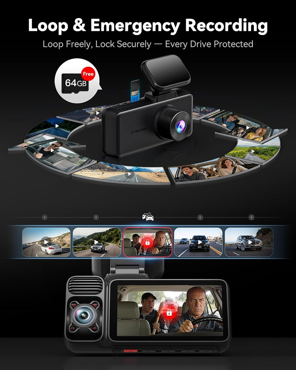 REDTIGER F17 4K 3CH Dash Cam, STARVIS 2 Sensor HDR, 64GB Card, 5.8GHz WiFi mysite