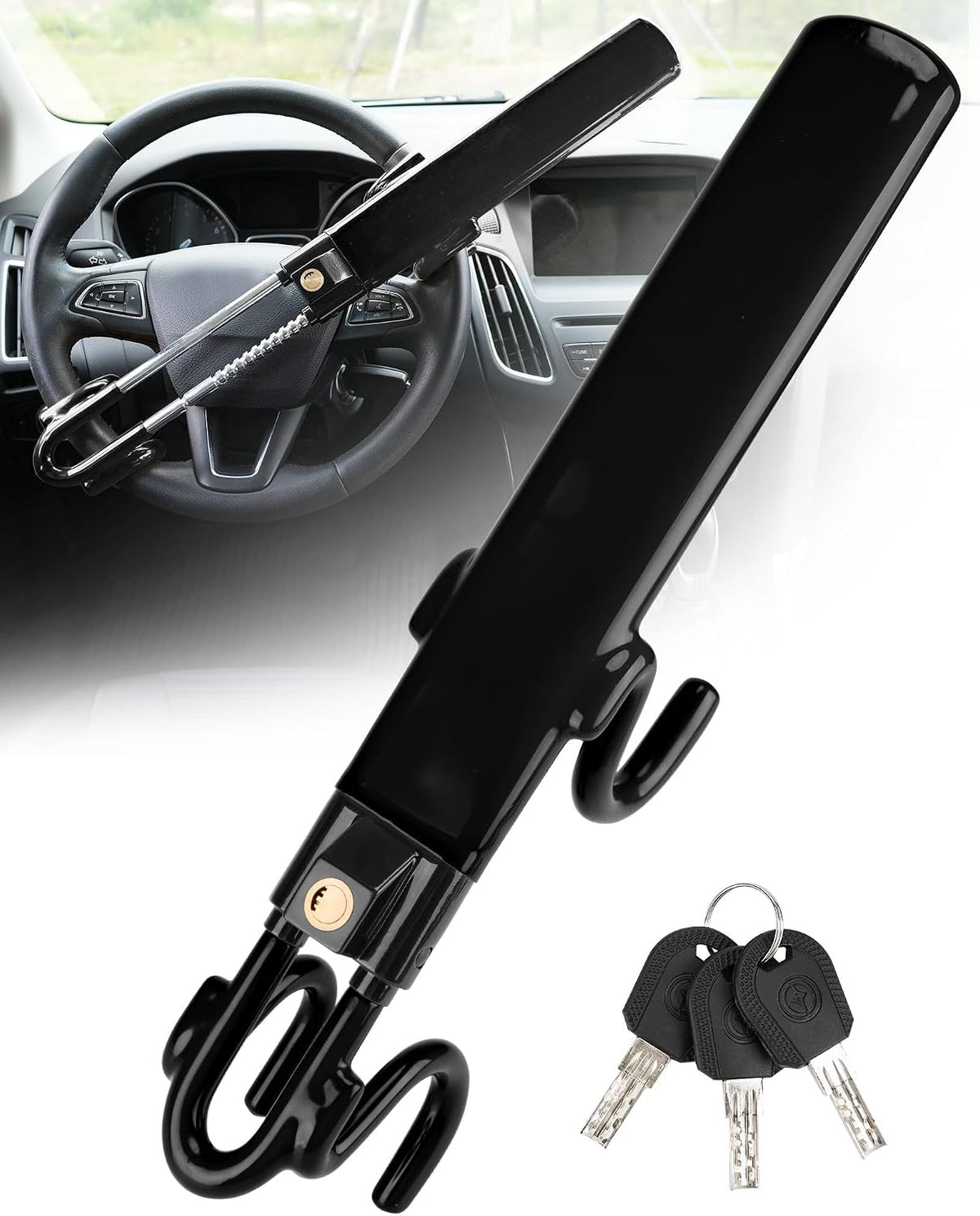 Tevlaphee Steering Wheel Lock - Heavy Duty Antitheft Device and Car Security Lock with Adjustable Locking and 3 Keys - Great Vehicle and Truck Deterrent (Yellow) mysite