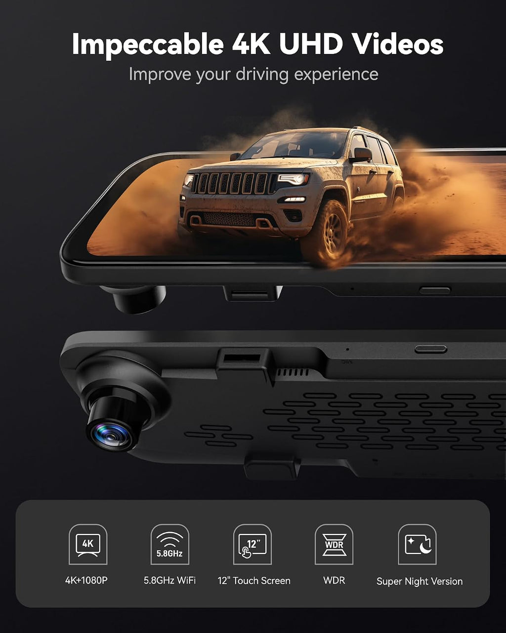 WOLFBOX G840S 12" 4K Mirror Dash Cam Backup Camera with 32GB Card and GPS mysite