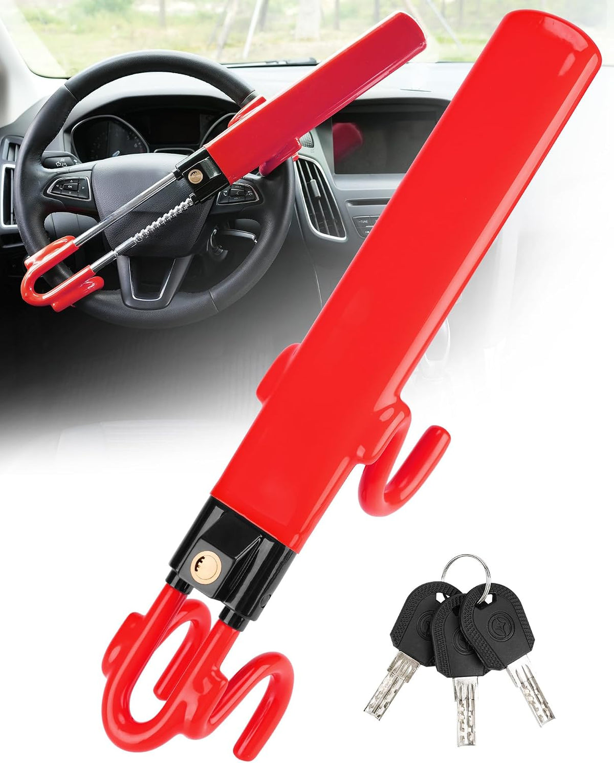 Tevlaphee Steering Wheel Lock - Heavy Duty Antitheft Device and Car Security Lock with Adjustable Locking and 3 Keys - Great Vehicle and Truck Deterrent (Yellow) mysite