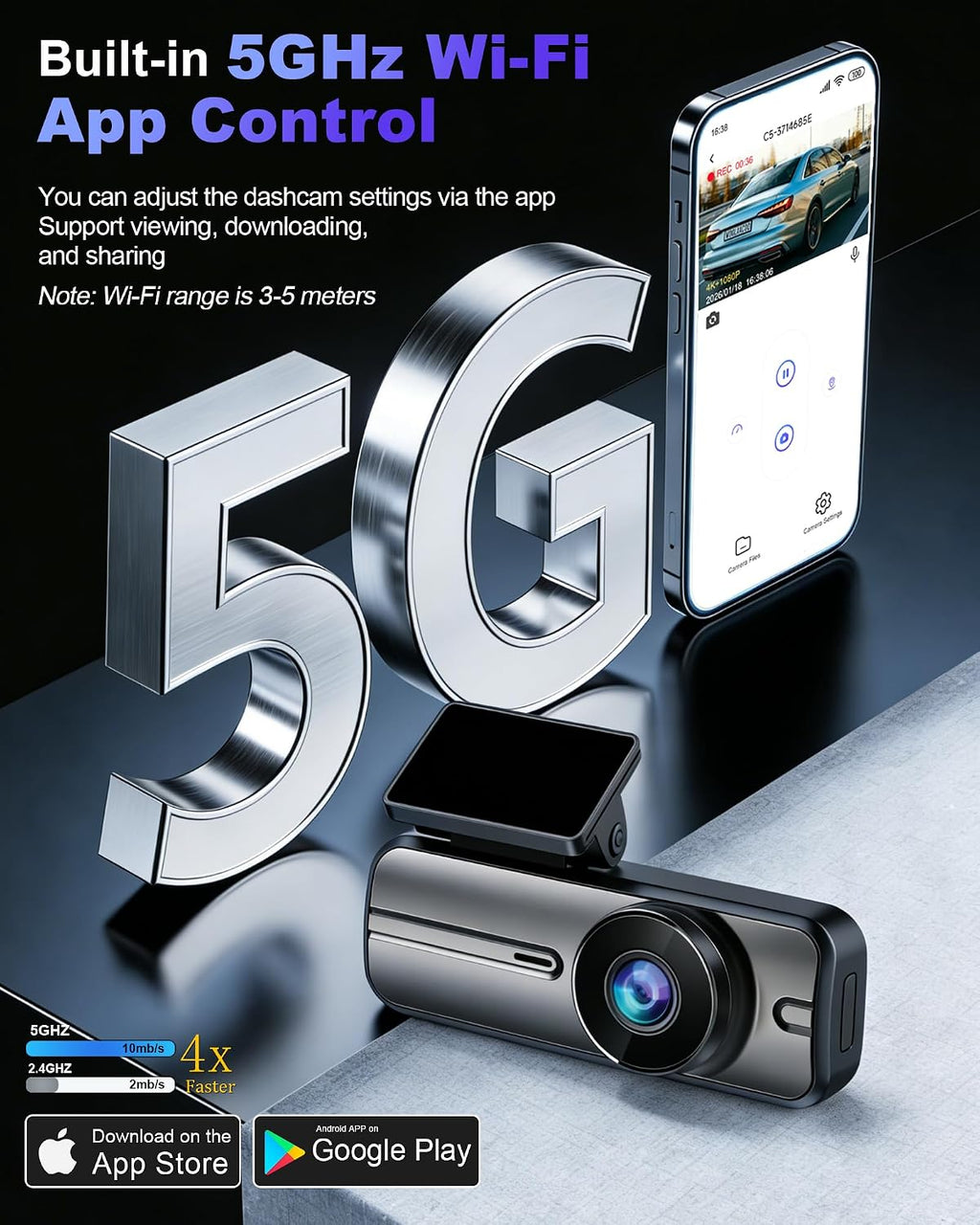 Dash Cam Front and Rear 4K+1080P, 5GHz WiFi, App Control, with 64GB Card mysite
