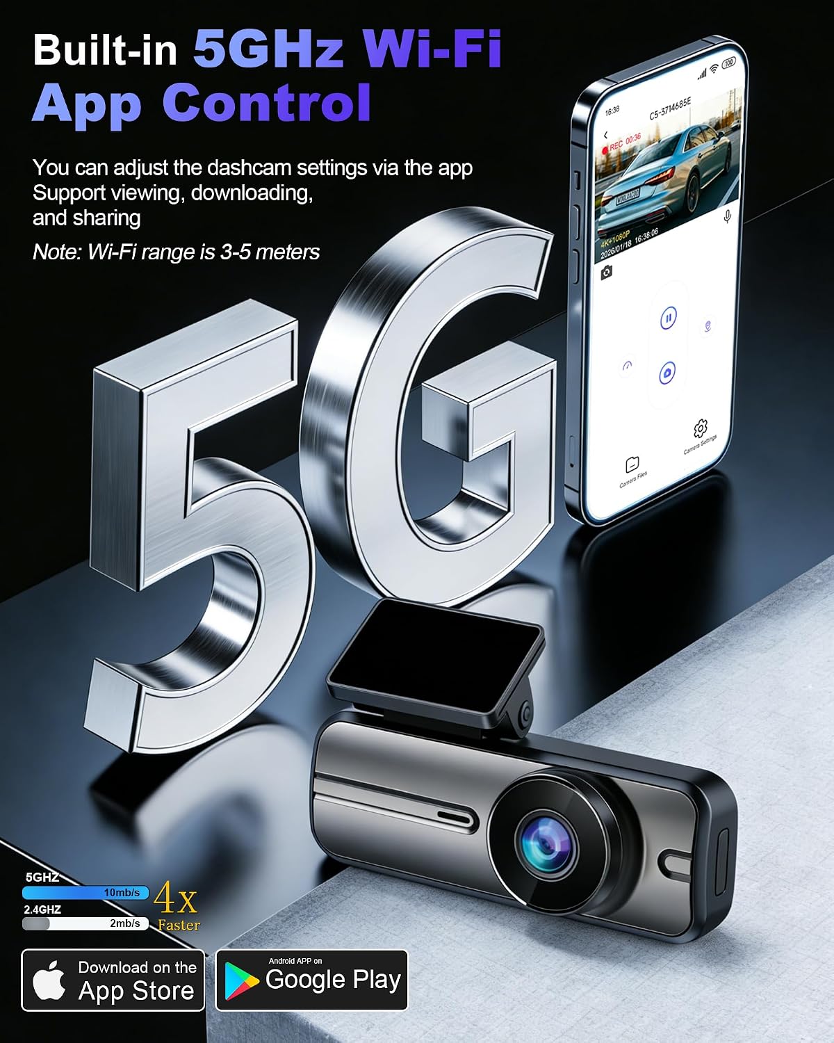 Dash Cam Front and Rear 4K+1080P, 5GHz WiFi, App Control, with 64GB Card mysite