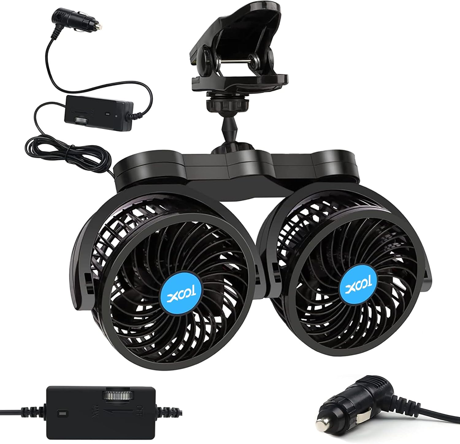 XOOL Clip Car Fan, Adjustable Dual Head 4 Inches 12V Fan for Front/Rear Seat Passenger, 360° Rotatable Electric Car Cooling Fans with Stepless Speed Regulation for SUV, RV, Vehicles mysite
