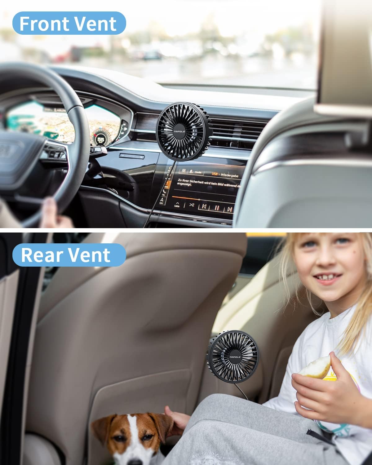 TriPole Car Fan USB Powered - Powerful 3 Speed, Portable Cooling Clip Fan for Car Vent, Quiet Brushless Motor, 360 Degree Rotatable, Air Circulation for Vehicle, Van, Truck, SUV, RV mysite