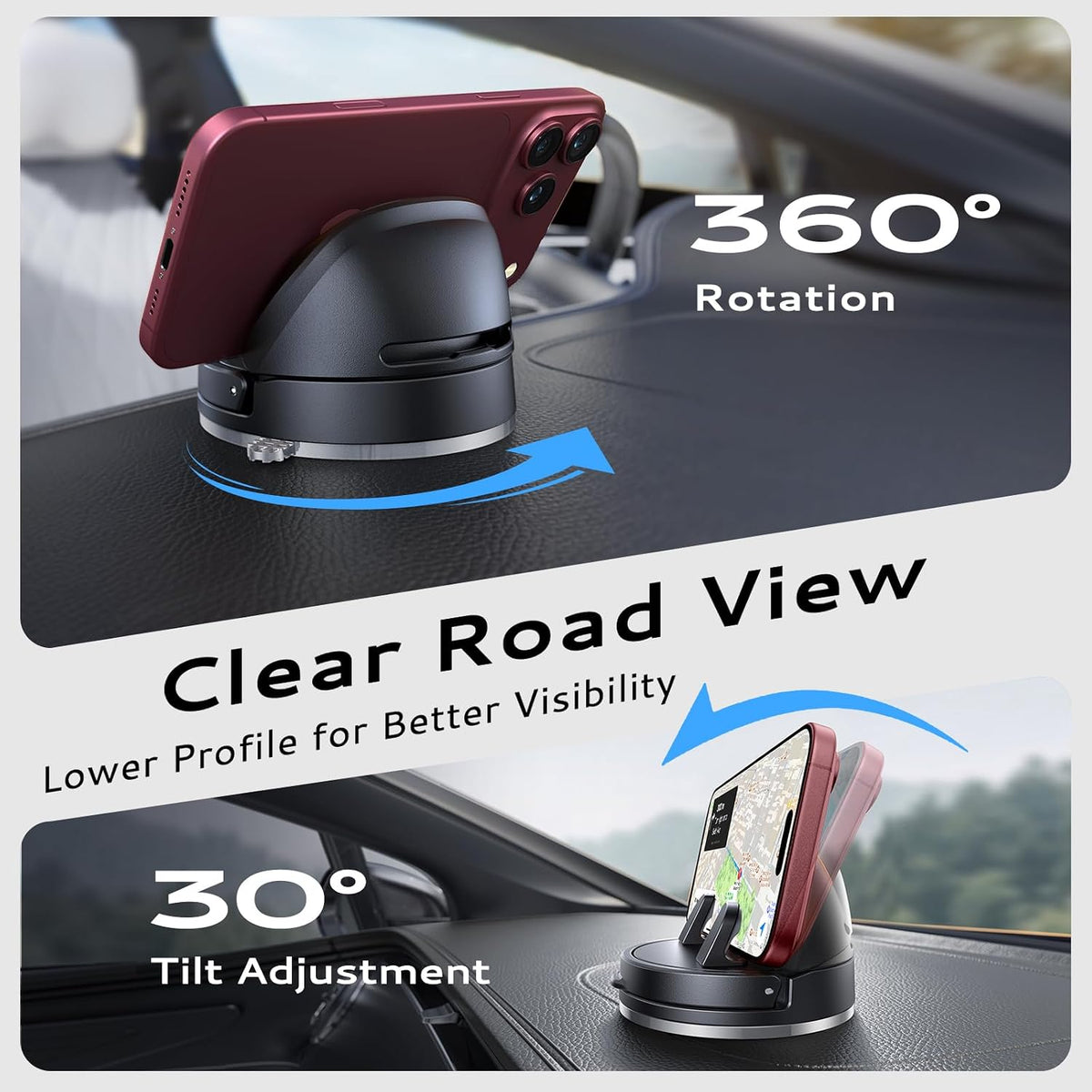 ACMEZING Ultra-Compact Car Phone Holder [Thick Case Friendly | 78LB Suction] 360° Rotate & 30° Tilt Car Phone Mount, Uneven Dashboard Ready, Phone Holders for Your Car for All Smartphones mysite