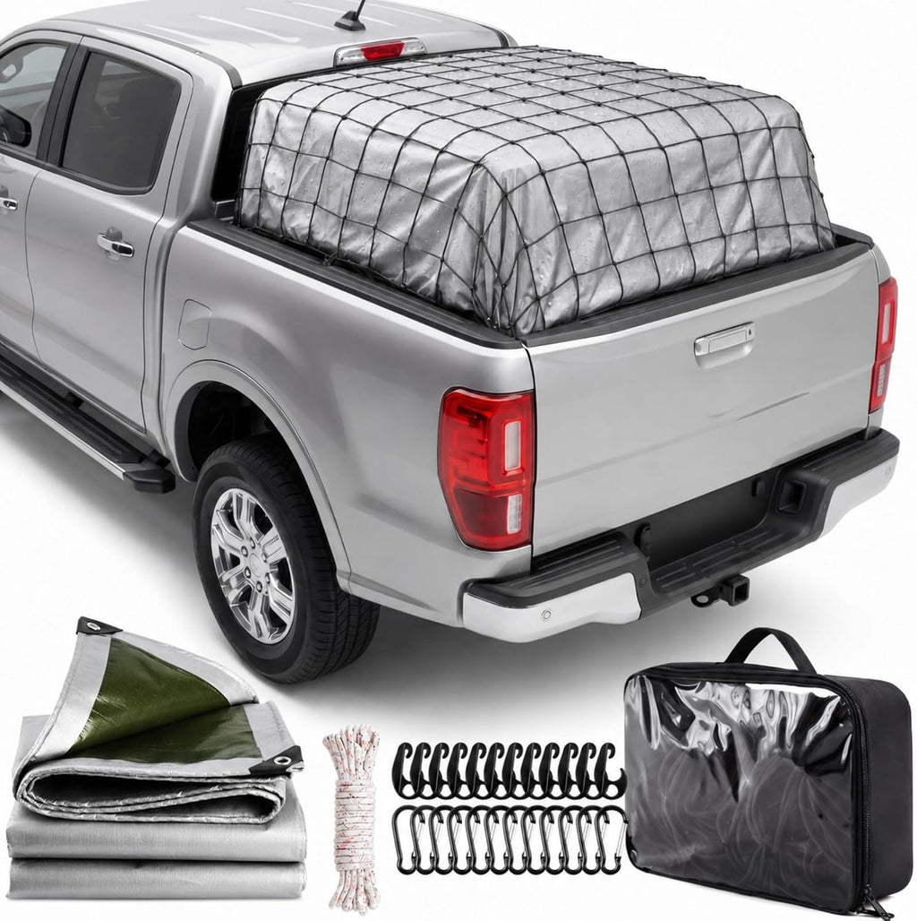Tranqun 6'x10' XL Truck Bed Tarp & 4'x6' Cargo Net Expand to 8'x12', Black | Removable Net & XL Tarp, Waterproof Cargo Cover, Hooks D-rings & Rope, Secures Loads All Weather, Pickup Cargo Securing Set mysite