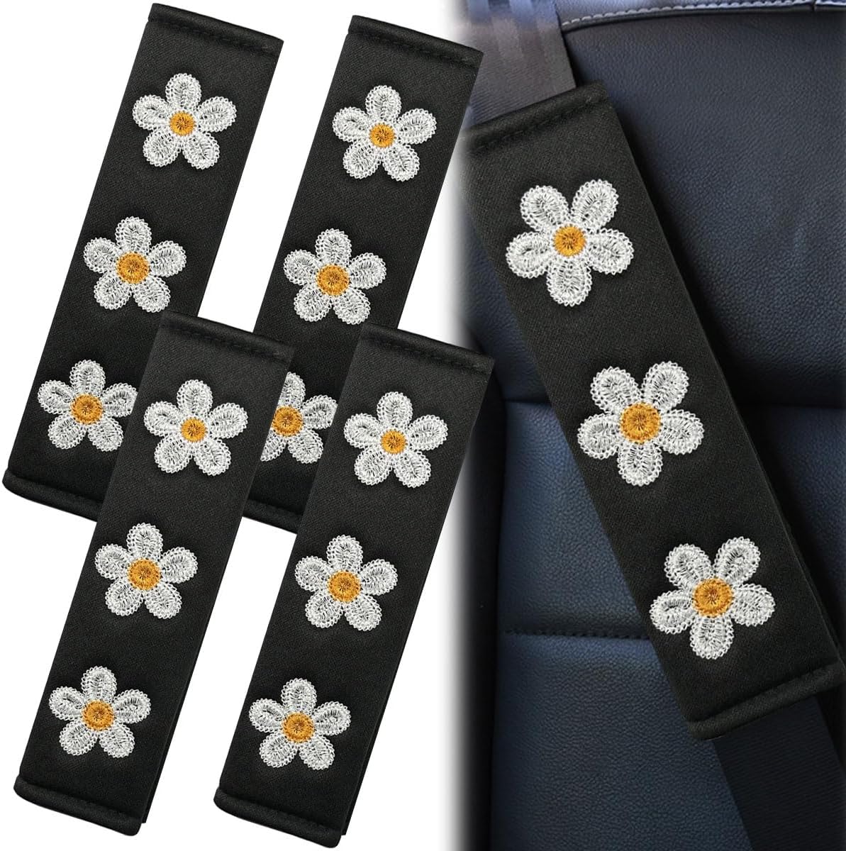 2PCS Daisy Flower Car Seat Belt Cover Pads, Protect Neck, White mysite
