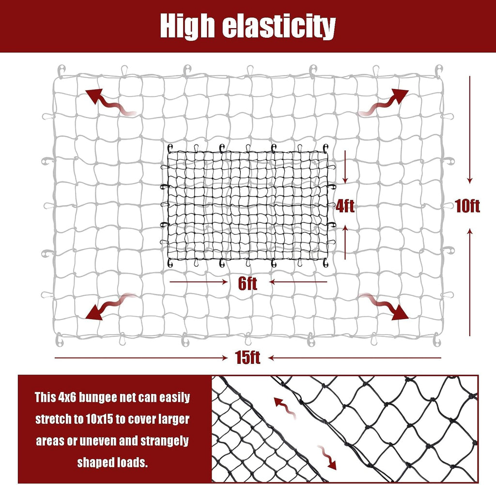 Heavy Duty Cargo Net for Pickup Truck Bed - 4' x 6' Stretches to 10' x 15' | Small 4"x4" Latex Bungee Net Mesh with 24 Clips - Compatible with Ford, Chevy, Dodge Ram, Toyota mysite