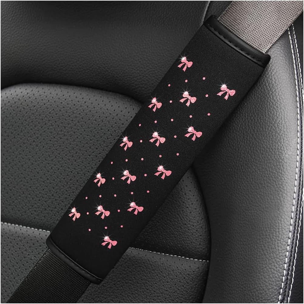 Bling Seat Belt Cover 2PCS Leather Shoulder Pad with Bow Design Pink mysite