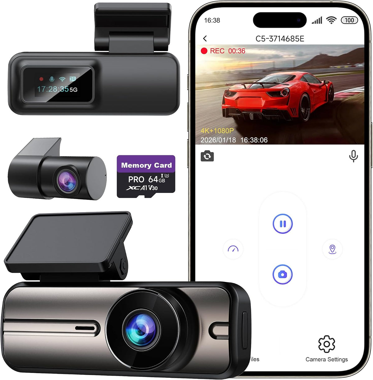 Dash Cam Front and Rear 4K+1080P, 5GHz WiFi, App Control, with 64GB Card mysite