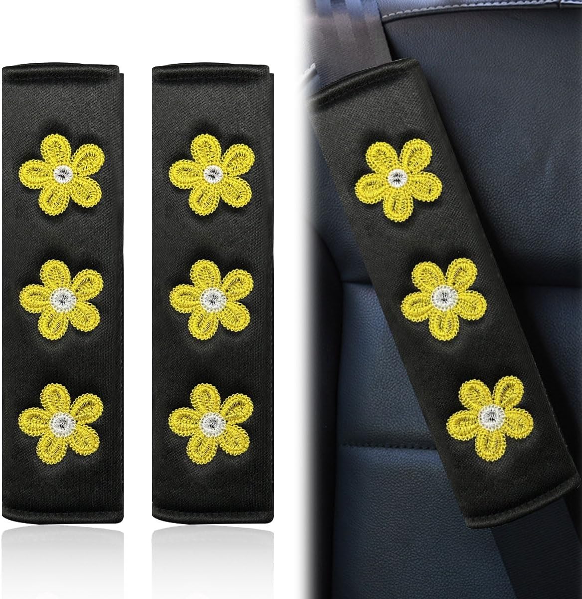 2PCS Daisy Flower Car Seat Belt Cover Pads, Protect Neck, White mysite