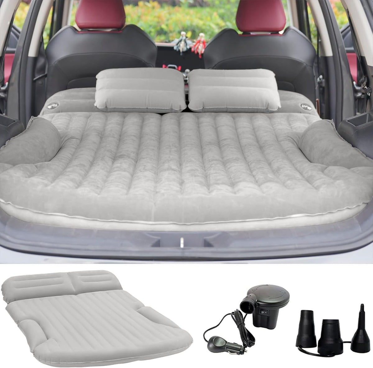 SUV Air Mattress Thickened and Double-Sided Flocking Travel Camping Bed with 2 Pillows & Electric Pump Dedicated Mobile Cushion Inflatable Bed for SUV Trunk and Rear Seat (Dark Gray) mysite