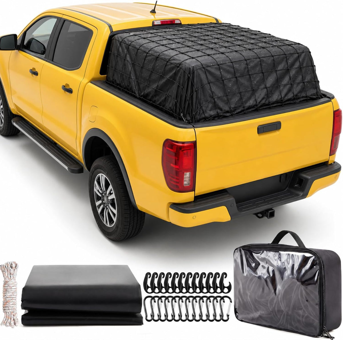 Tranqun 6'x10' XL Truck Bed Tarp & 4'x6' Cargo Net Expand to 8'x12', Black | Removable Net & XL Tarp, Waterproof Cargo Cover, Hooks D-rings & Rope, Secures Loads All Weather, Pickup Cargo Securing Set mysite