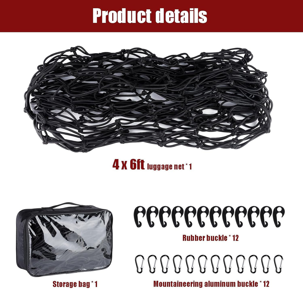 Heavy Duty Cargo Net for Pickup Truck Bed - 4' x 6' Stretches to 10' x 15' | Small 4"x4" Latex Bungee Net Mesh with 24 Clips - Compatible with Ford, Chevy, Dodge Ram, Toyota mysite