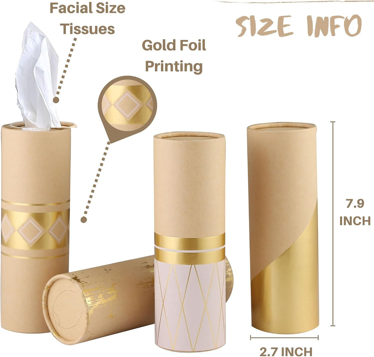 Car Tissue Holder with 3-ply Facial Tissues Bulk - 4 PK - Gold Foil Tissues Cylinder for Car Cup Holder, Travel Tissues, Refill Tissue Box Round Container Kraft mysite