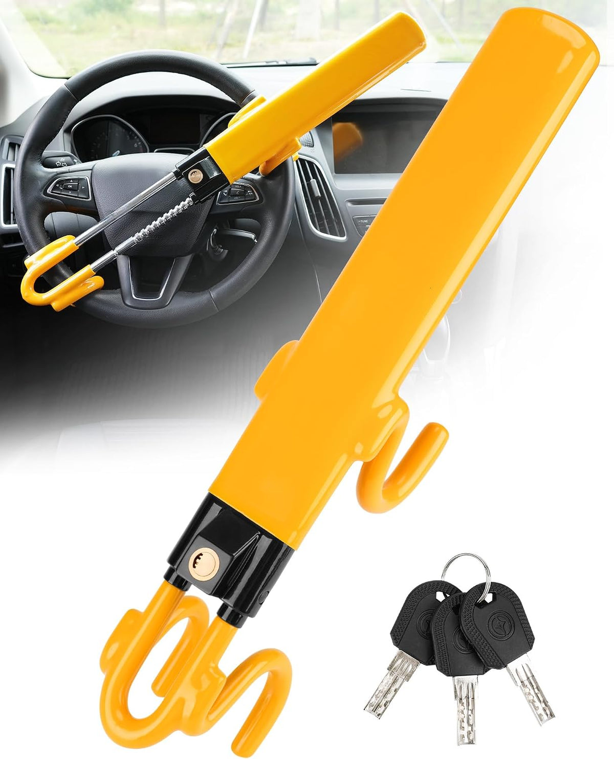 Tevlaphee Steering Wheel Lock - Heavy Duty Antitheft Device and Car Security Lock with Adjustable Locking and 3 Keys - Great Vehicle and Truck Deterrent (Yellow) mysite