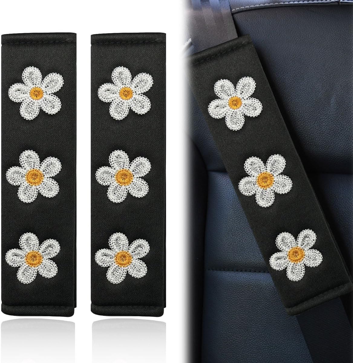 2PCS Daisy Flower Car Seat Belt Cover Pads, Protect Neck, White mysite