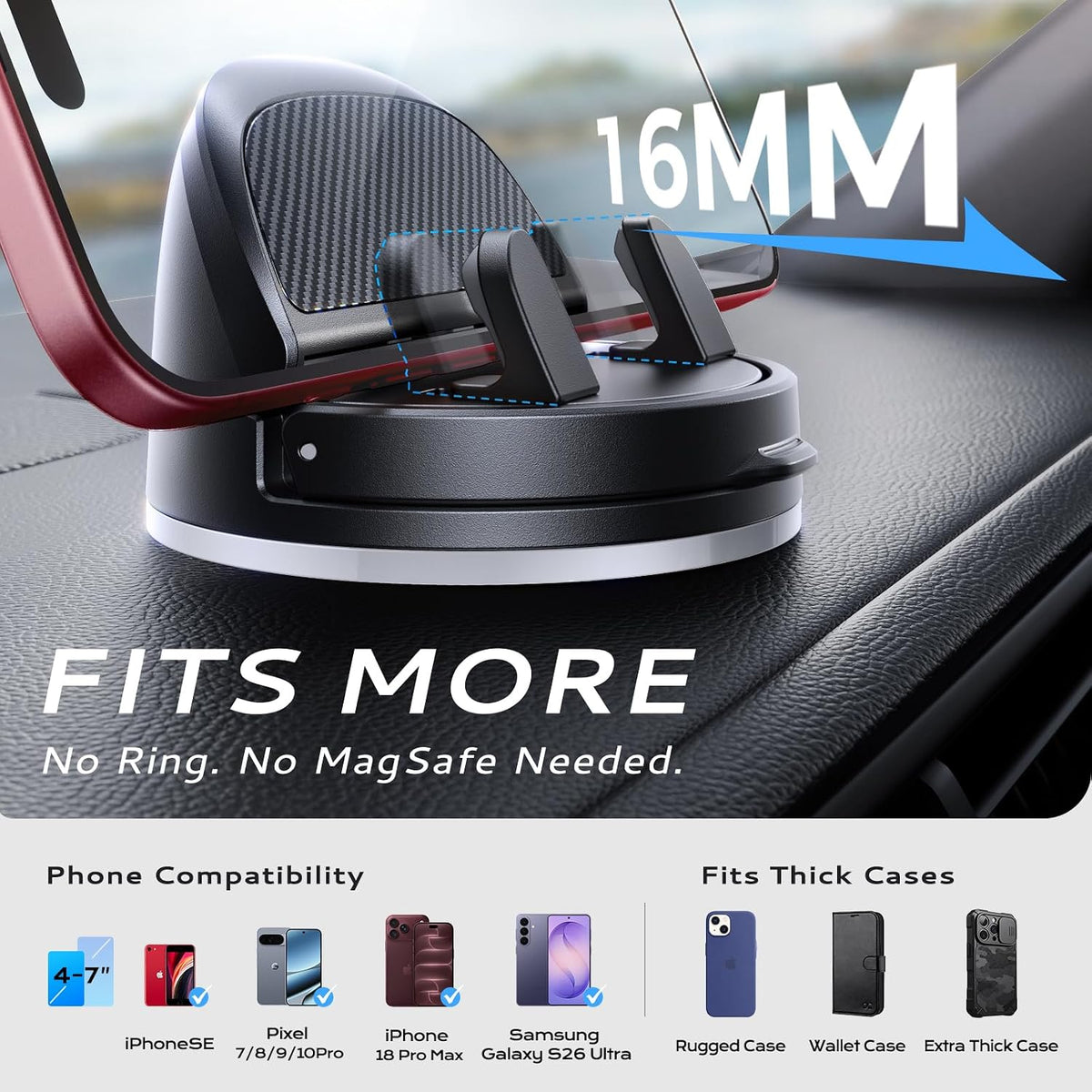 ACMEZING Ultra-Compact Car Phone Holder [Thick Case Friendly | 78LB Suction] 360° Rotate & 30° Tilt Car Phone Mount, Uneven Dashboard Ready, Phone Holders for Your Car for All Smartphones mysite