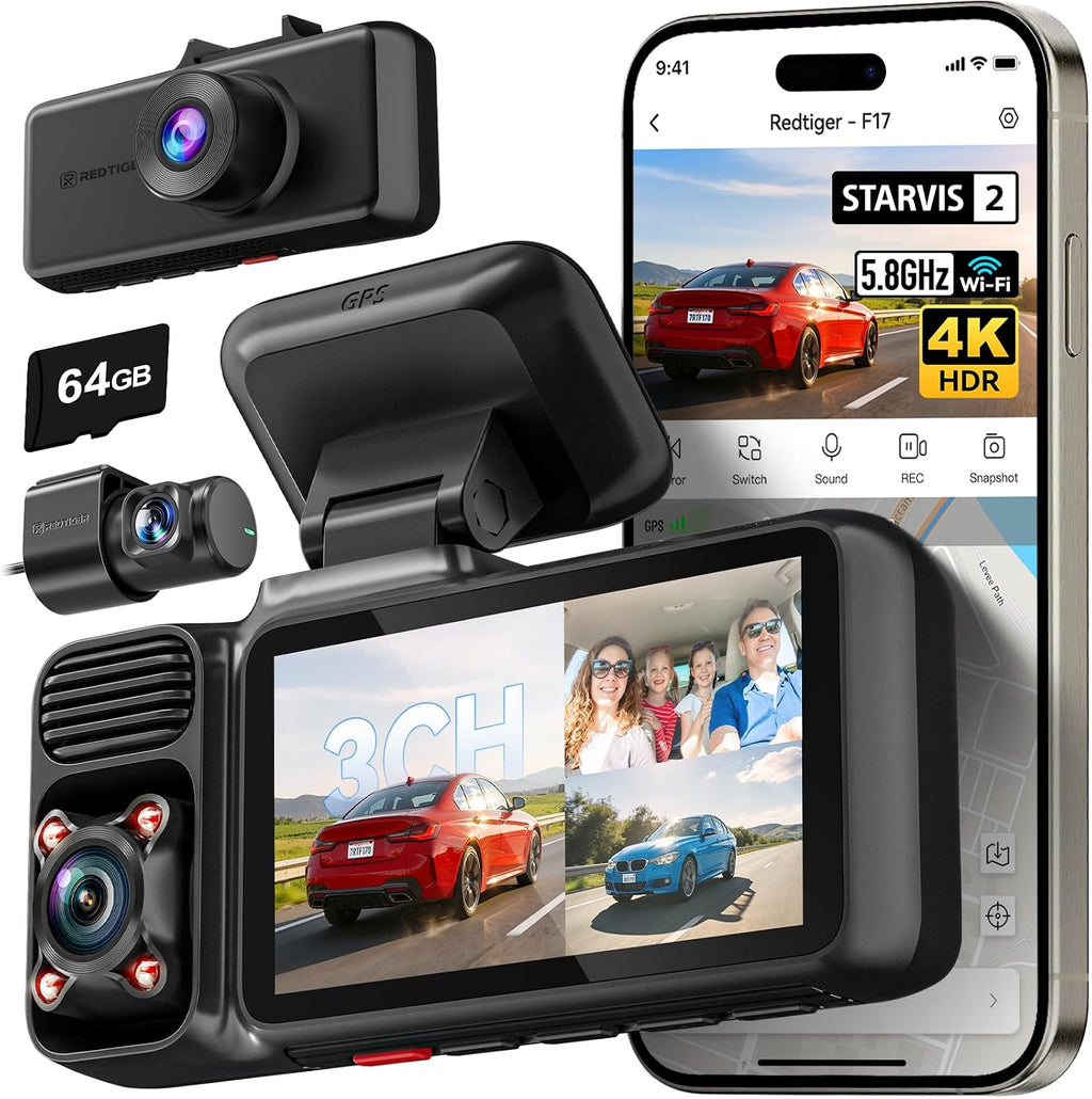 REDTIGER F17 4K 3CH Dash Cam, STARVIS 2 Sensor HDR, 64GB Card, 5.8GHz WiFi mysite
