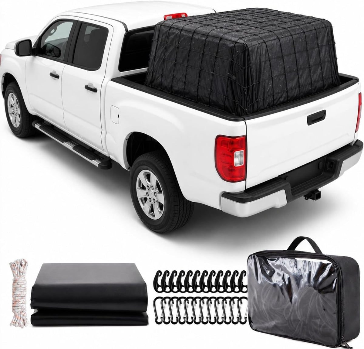 Tranqun 6'x10' XL Truck Bed Tarp & 4'x6' Cargo Net Expand to 8'x12', Black | Removable Net & XL Tarp, Waterproof Cargo Cover, Hooks D-rings & Rope, Secures Loads All Weather, Pickup Cargo Securing Set mysite
